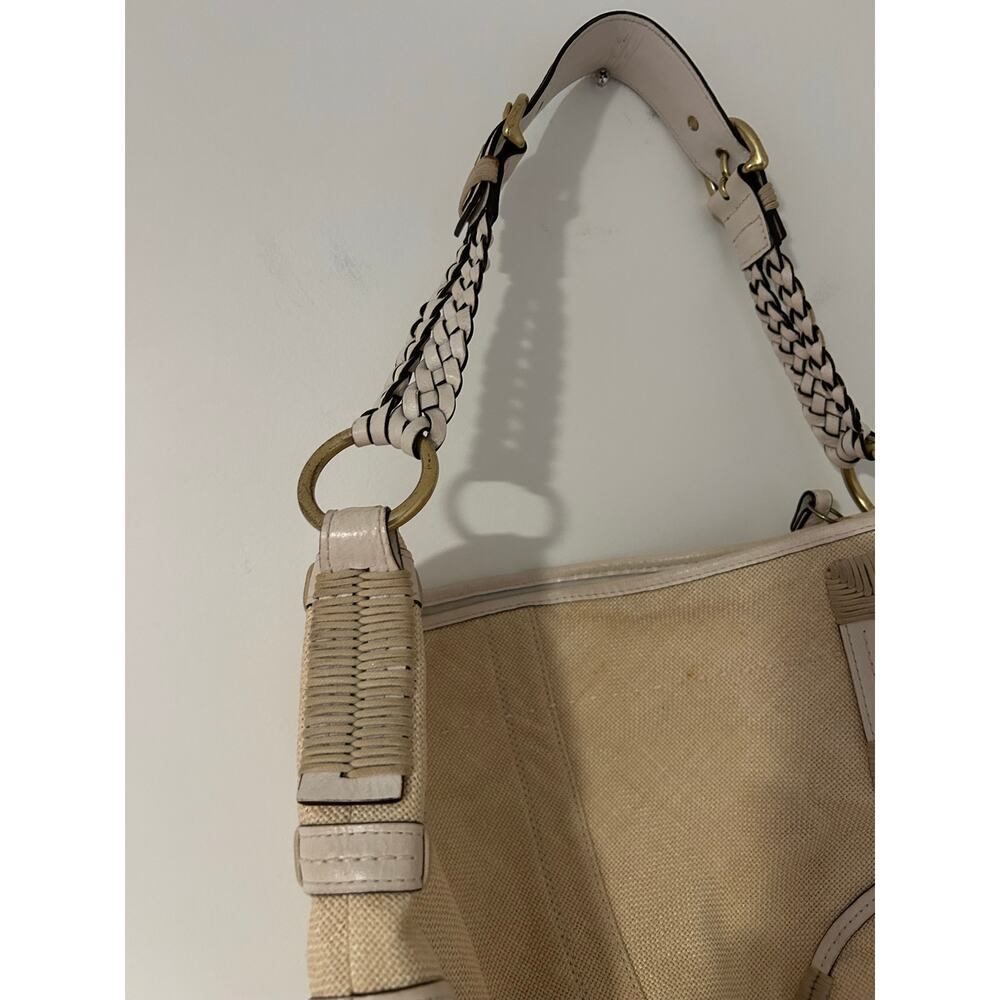 Coach VTG Tan Natural Braided Leather Soho Canvas Beige GUC Buckles Gold Purse - Picture 6 of 15